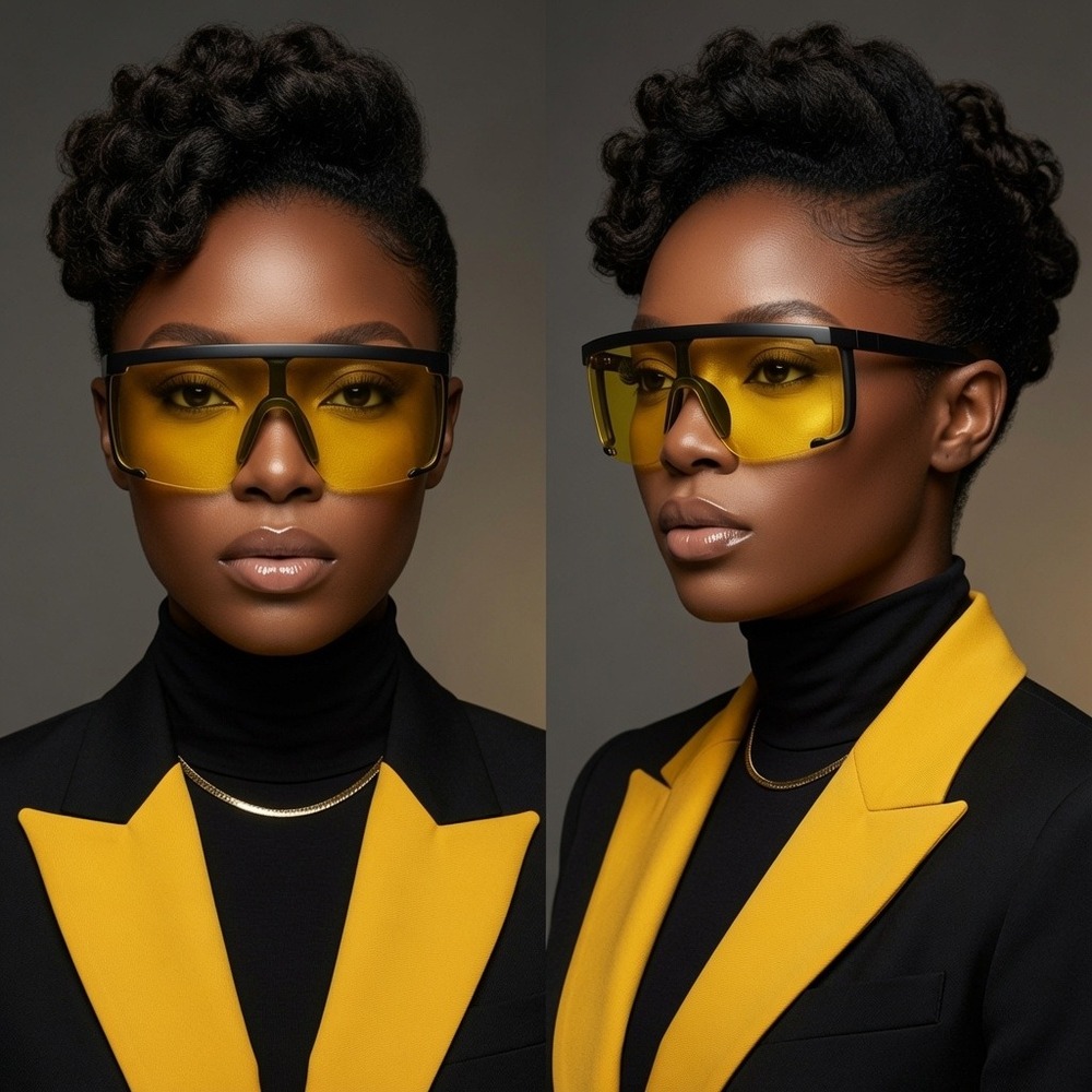 Women Sunglasses Wraparound Yellow Lens Flat Top Rimless Luxury‎ Trendy Glasses